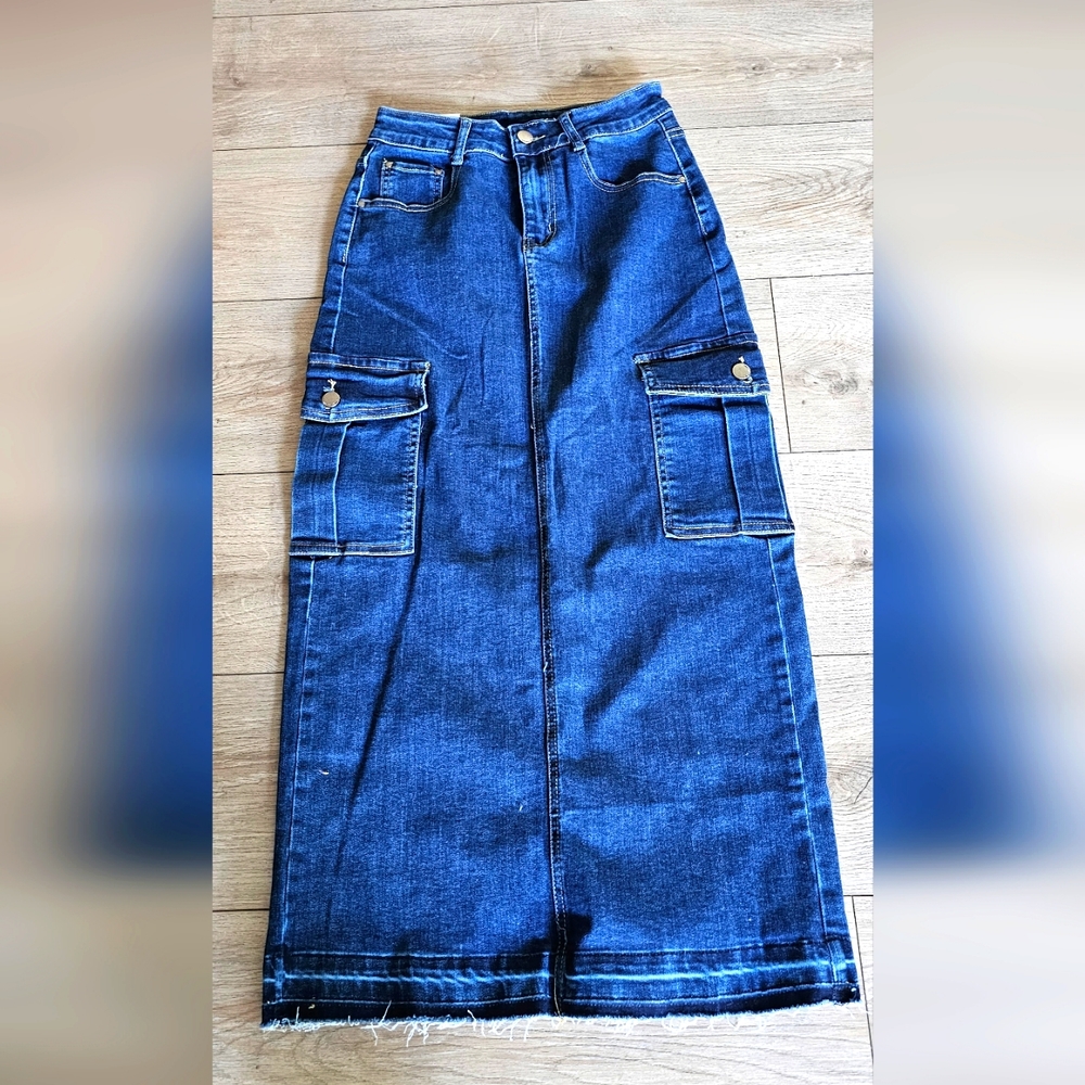 Vintage Miss Natalie Cargo skirt Dark indigo Midi Denim size XS/40 style M333